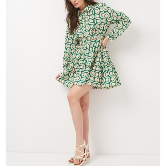 ZARA Womens Medium Green White Geometric Long Sleeve Tie Waist Dress - Picture 1 of 16